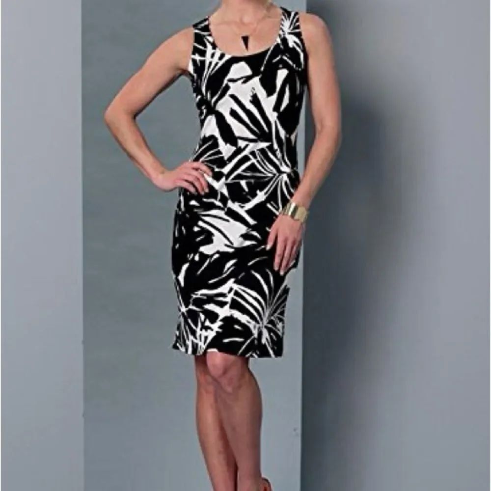 Connected Apparel floral black white dress ruffle asymmetrical cut top size 14